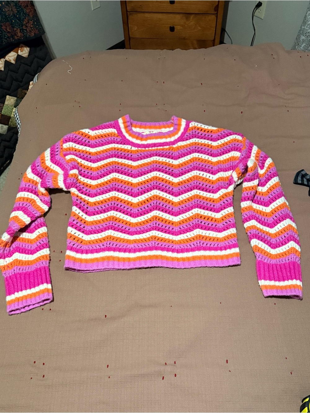 Hippie Rose Pink Orange White Striped Crochet Crewneck Sweater